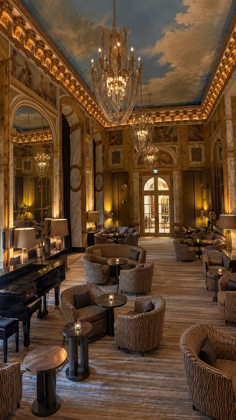 Salon d'hôtel élégant, lustres en cristal et piano à queue
