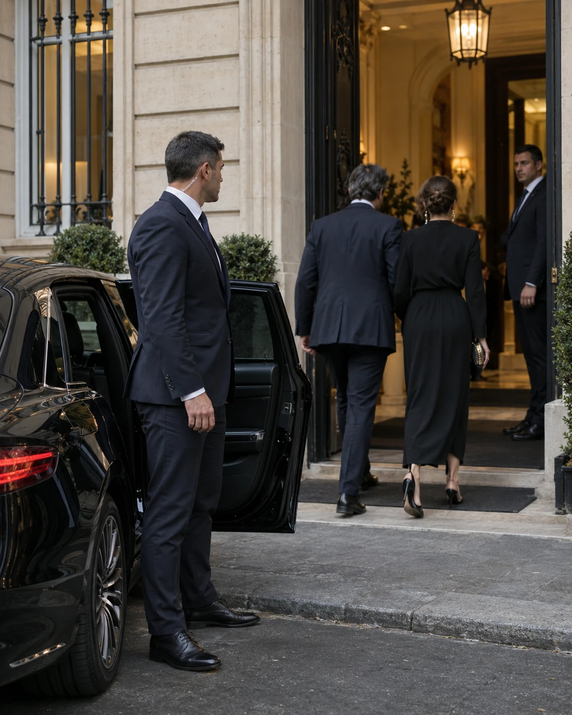 Agent de sécurité privée escortant des clients à l'entrée d'un hôtel particulier parisien